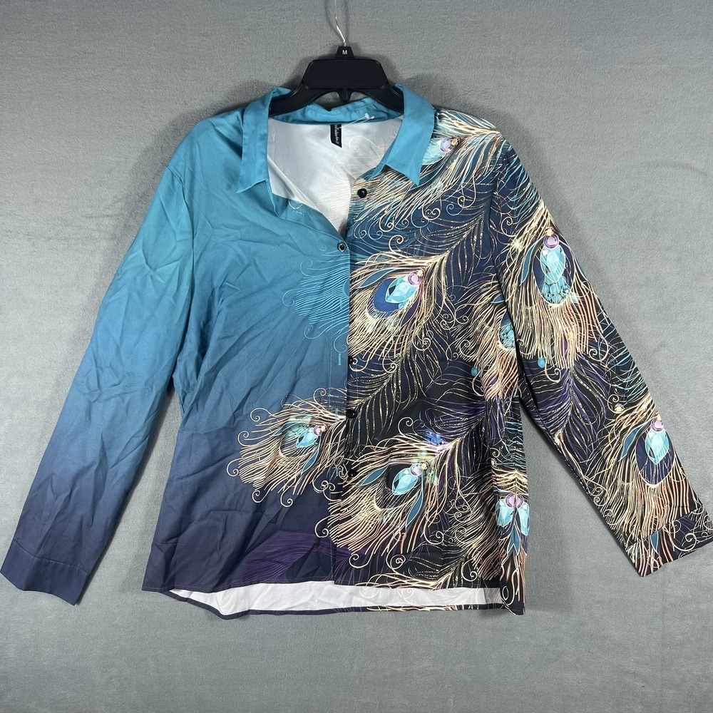 JustFashionNow Women's XXL Peacock Feather Print Ombre Button Up Blouse Top